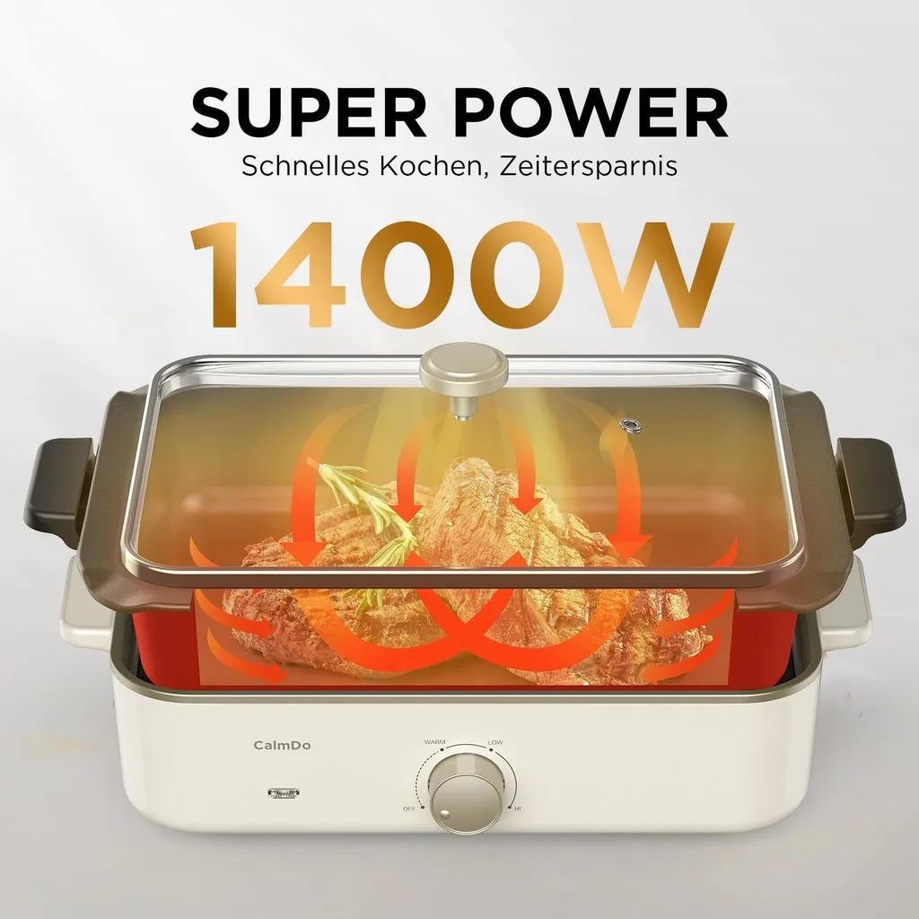 CalmDo 3-in-1 Grills & Elektrische Pfanne – Multifunktionaler Kochtopf, Elektropfannen ,Elektrogrills,1400 W Bratpfanne, Grillpfanne Mit Antihaftbeschichtung, 3 Einstellbare Temperatur, Maschinenwaschbar 7 CalmDo 3-in-1 Grills & Elektrische Pfanne – Multifunktionaler Kochtopf, Elektropfannen ,Elektrogrills,1400 W Bratpfanne, Grillpfanne Mit Antihaftbeschichtung, 3 Einstellbare Temperatur, Maschinenwaschbar – Bild 5