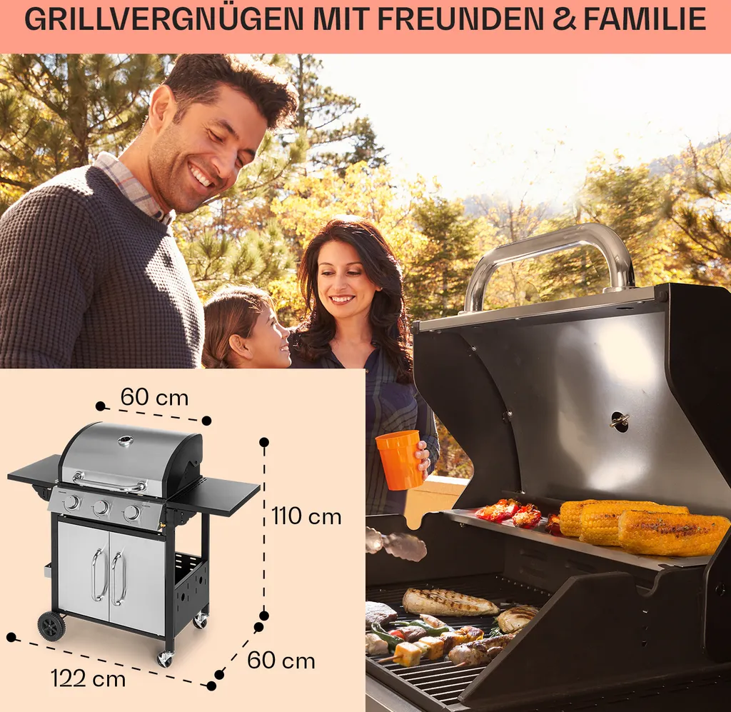 Klarstein Gasgrill Mit Großer Grillfläche, Gasgrill Mit 3 Brenner, 10,8 KW Edelstahl-Gasgrill, BBQ Gasgrill Für Balkon & Garten, Grill Für Propangas, Gasgrills Mit Seitentischen & Thermometer 8 Klarstein Gasgrill Mit Großer Grillfläche, Gasgrill Mit 3 Brenner, 10,8 KW Edelstahl-Gasgrill, BBQ Gasgrill Für Balkon & Garten, Grill Für Propangas, Gasgrills Mit Seitentischen & Thermometer – Bild 6