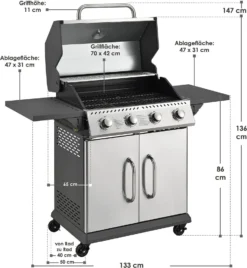 Juskys Gasgrill Kansas Mit 4 Brenner 12 KW, BBQ Grill Mit Gusseisen-Grillrost, Warmhalterost & Thermometer, XL Grillwagen 2 Seitenablagen & 4 Räder -Tepro Verkäufe 2024 02bcbc7d9650c9292bf145c50d656ad0