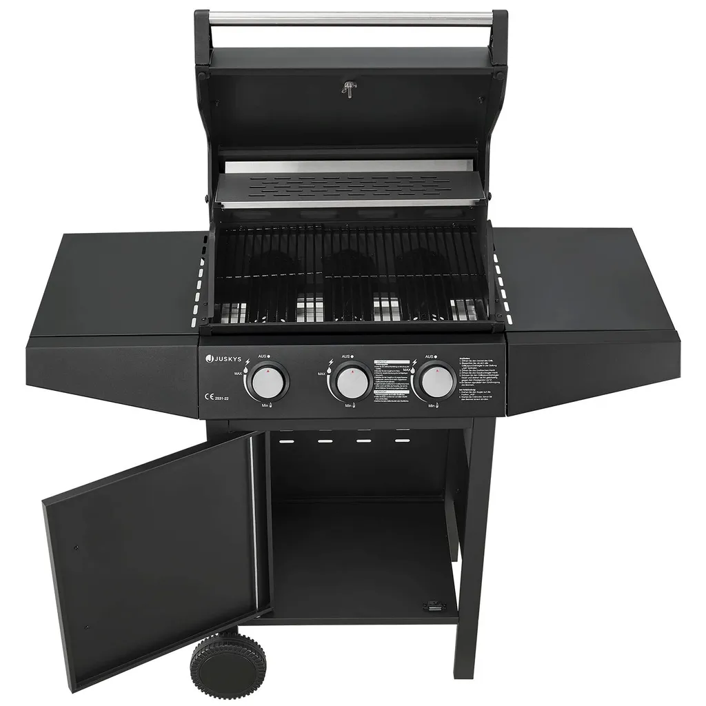 Juskys BBQ Gasgrill Louisiana 8,1 KW Mit 3 Brenner, Grillrost, Deckel Mit Thermometer, Warmhalterost & Seitenablagen – Grillwagen Mit Stahl Korpus 16 Juskys BBQ Gasgrill Louisiana 8,1 KW Mit 3 Brenner, Grillrost, Deckel Mit Thermometer, Warmhalterost & Seitenablagen – Grillwagen Mit Stahl Korpus – Bild 14