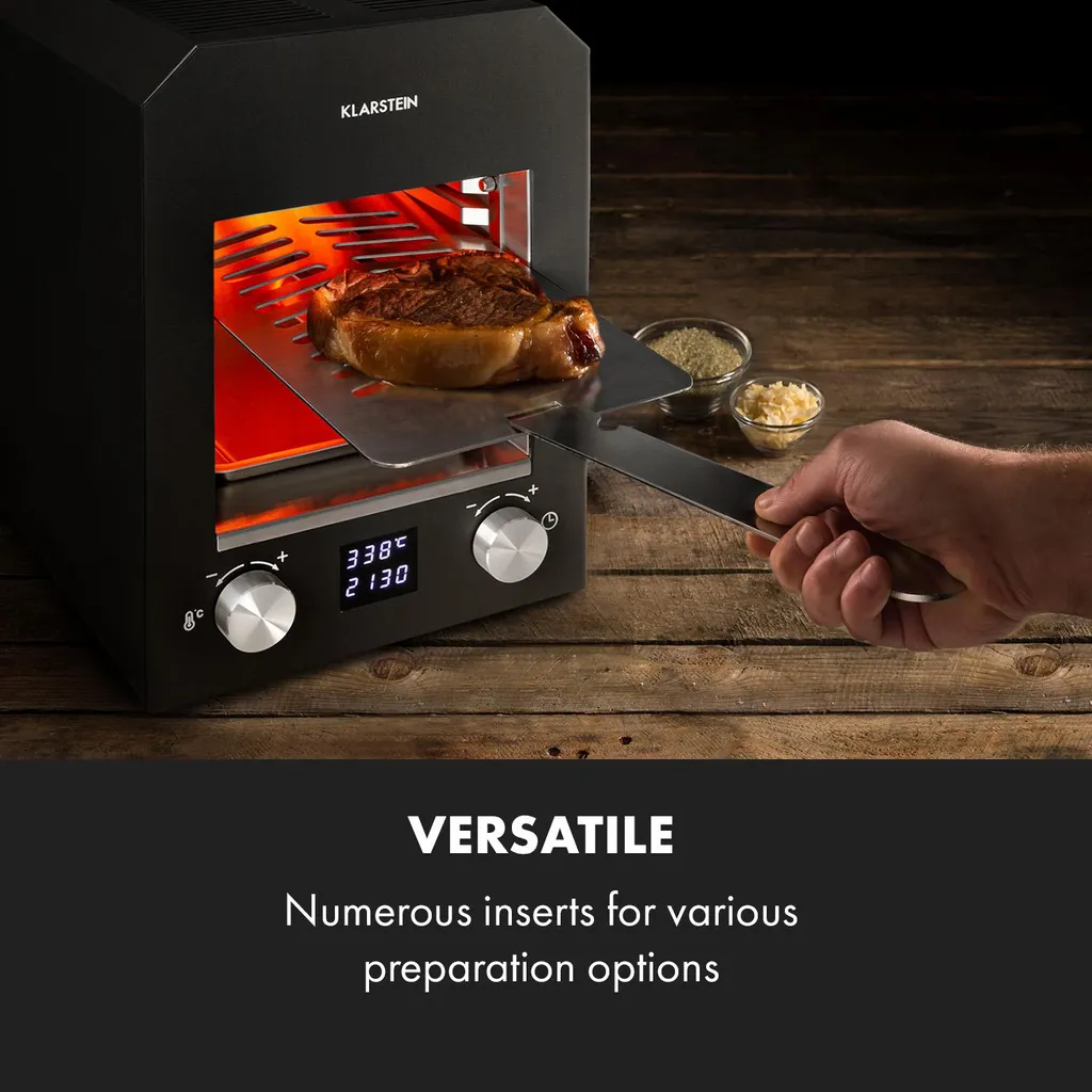 Klarstein Hannibal Hochtemperaturgrill , Indoor-Grillgerät , Leistung: 2.200 Watt , Temperatur: 200- 850 °C , Infrarot-Heizelement , CharForce System , Grillfläche: 18,5 X 30 Cm , LED-Display , Timer: Bis 60 Minuten , Außen- Und Innengehäuse Aus Edelstahl , Schwarz 8 Klarstein Hannibal Hochtemperaturgrill , Indoor-Grillgerät , Leistung: 2.200 Watt , Temperatur: 200- 850 °C , Infrarot-Heizelement , CharForce System , Grillfläche: 18,5 X 30 Cm , LED-Display , Timer: Bis 60 Minuten , Außen- Und Innengehäuse Aus Edelstahl , Schwarz – Bild 6