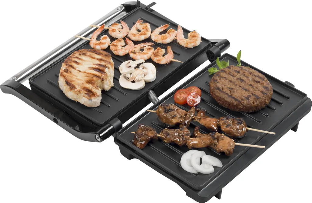 Bestron Kontaktgrill Mit Auffangschale, Sandwichmaker Mit Cool-Touch-Handgriff, 180° Aufklappbar & Mit Antihaftbeschichtung, 750 Watt, APG150, Farbe: Silber/Schwarz 4 Bestron Kontaktgrill Mit Auffangschale, Sandwichmaker Mit Cool-Touch-Handgriff, 180° Aufklappbar & Mit Antihaftbeschichtung, 750 Watt, APG150, Farbe: Silber/Schwarz – Bild 2