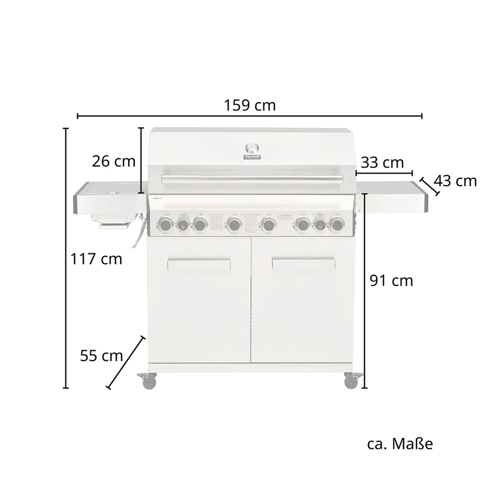 TAINO PLATINUM 6+2 Gasgrill Komplett Edelstahl 6-Brenner Silber Grillwagen BBQ Keramik-Brenner Backburner Sizzle-Zone Piezozündung Seitenkocher Gusseisen-Roste 12 TAINO PLATINUM 6+2 Gasgrill Komplett Edelstahl 6-Brenner Silber Grillwagen BBQ Keramik-Brenner Backburner Sizzle-Zone Piezozündung Seitenkocher Gusseisen-Roste – Bild 10