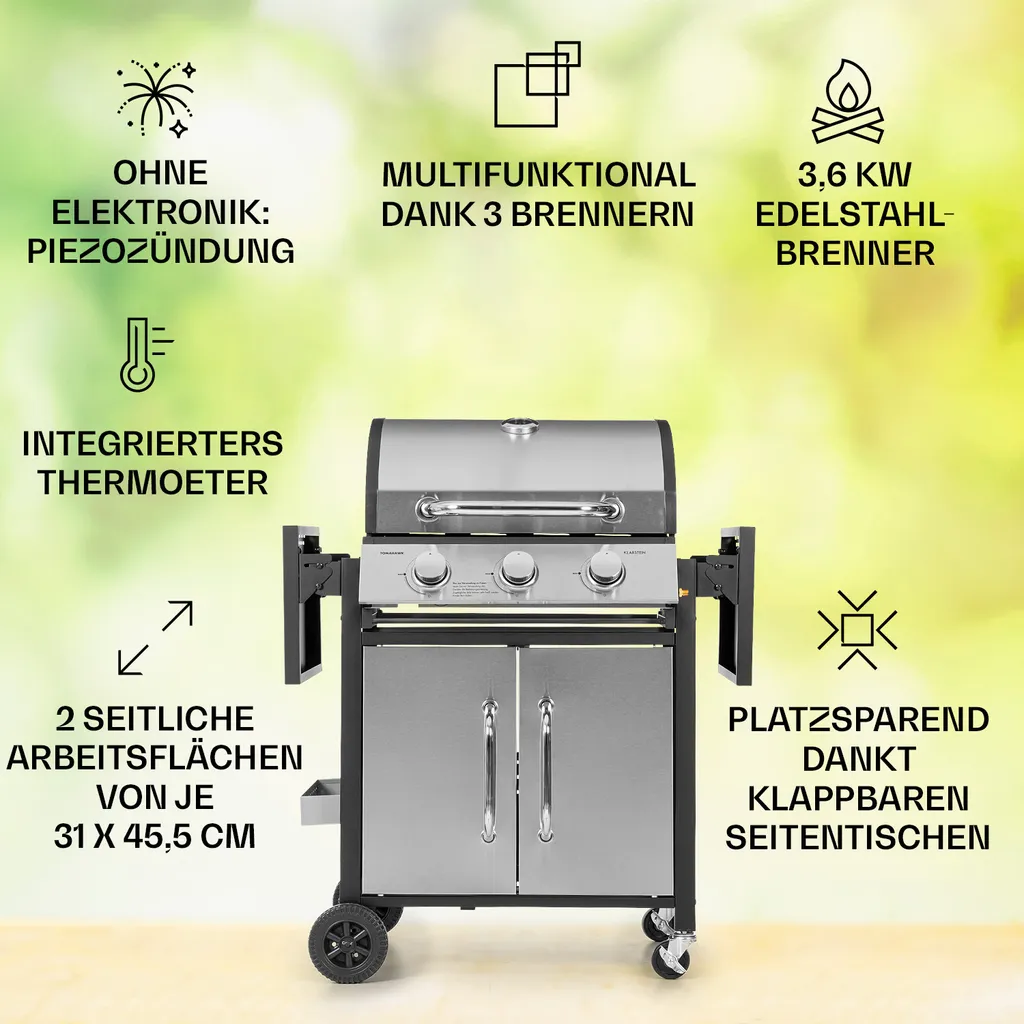 Klarstein Gasgrill Mit Großer Grillfläche, Gasgrill Mit 3 Brenner, 10,8 KW Edelstahl-Gasgrill, BBQ Gasgrill Für Balkon & Garten, Grill Für Propangas, Gasgrills Mit Seitentischen & Thermometer 4 Klarstein Gasgrill Mit Großer Grillfläche, Gasgrill Mit 3 Brenner, 10,8 KW Edelstahl-Gasgrill, BBQ Gasgrill Für Balkon & Garten, Grill Für Propangas, Gasgrills Mit Seitentischen & Thermometer – Bild 2