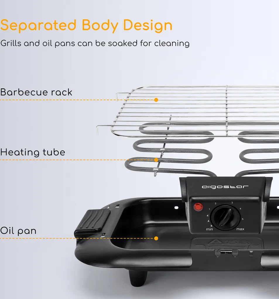 Aigostar Rauchfreier Tischgrill Barbecue Elektrogrill Elektrischer BBQ Grill 2000 Watt Antihaftbeschichtete Grillfläche 36 X 21cm, Abnehmbarer Fettauffangschale, Thermostat, Schwarz. 7 Aigostar Rauchfreier Tischgrill Barbecue Elektrogrill Elektrischer BBQ Grill 2000 Watt Antihaftbeschichtete Grillfläche 36 X 21cm, Abnehmbarer Fettauffangschale, Thermostat, Schwarz. – Bild 5