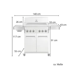 TAINO PLATINUM 4+2 Gasgrill Komplett Edelstahl 4-Brenner Silber Grillwagen BBQ Keramik-Brenner Backburner Sizzle-Zone Piezozündung Seitenkocher Gusseisen-Roste Set Inkl. Zubehör -Tepro Verkäufe 2024 1587deee272c6263085b58981e4b98f3