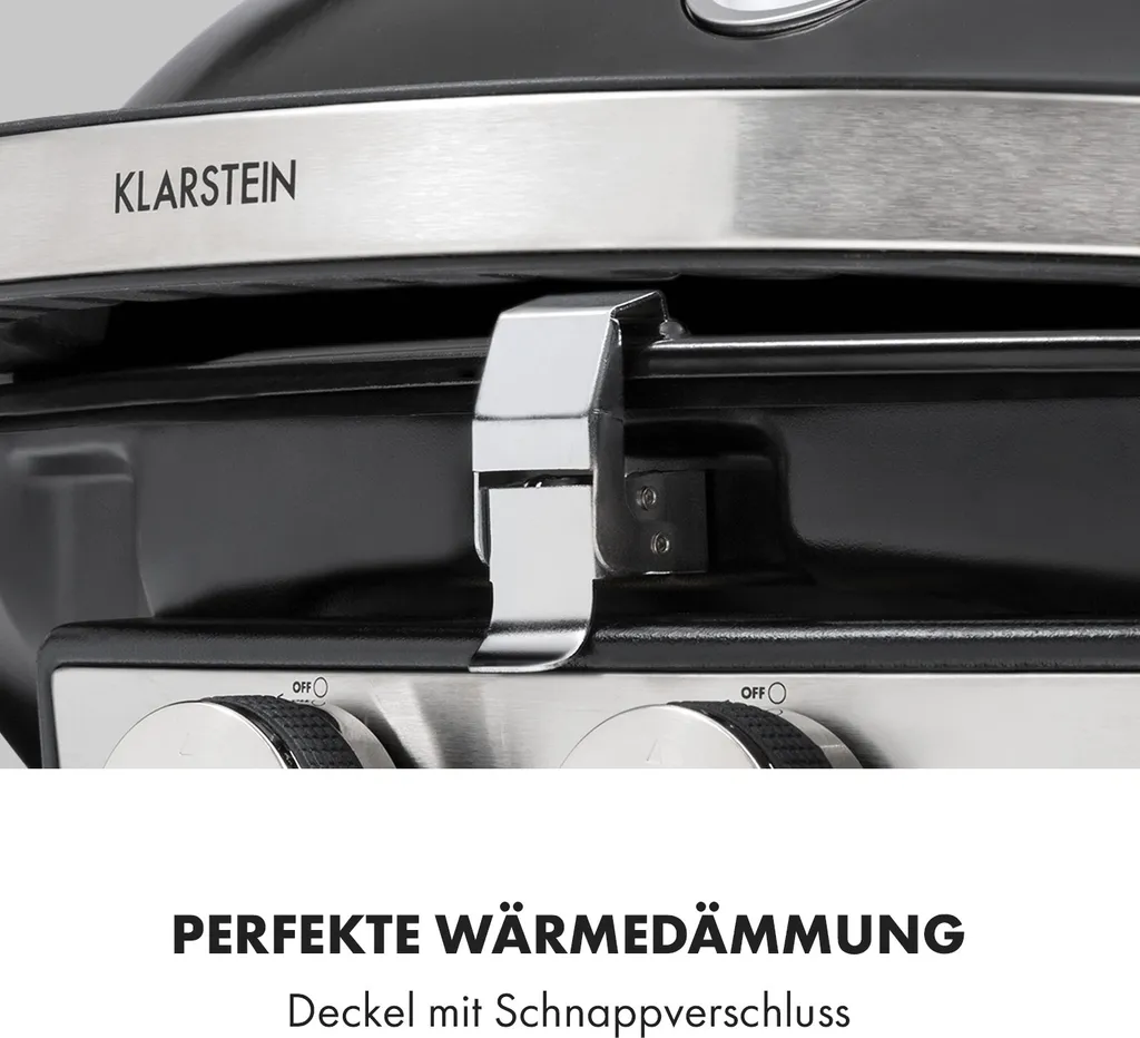Klarstein Parforce Duo Gasgrill BBQ-Gasgrill Mit 4,4kW - 2 Brenner, Bis 300 °C, Gastyp: Butan/Propan, Edelstahl, 15000 BTU, Elektrische Zündung, 50 X 39 Cm Große Grillfläche, Deckel, Schwarz 11 Klarstein Parforce Duo Gasgrill BBQ-Gasgrill Mit 4,4kW - 2 Brenner, Bis 300 °C, Gastyp: Butan/Propan, Edelstahl, 15000 BTU, Elektrische Zündung, 50 X 39 Cm Große Grillfläche, Deckel, Schwarz – Bild 9