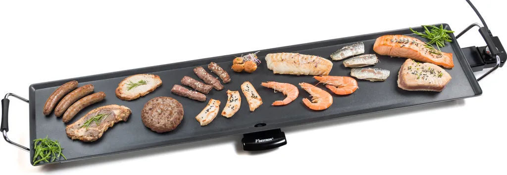 Bestron Elektrische XXXL Plancha-/Teppanyaki-Grillplatte Mit Antihaftbeschichtung, Grillspaß Für Bis Zu 10 Personen, Extra Lange Grillfläche, 2.000 Watt, Farbe; Schwarz 6 Bestron Elektrische XXXL Plancha-/Teppanyaki-Grillplatte Mit Antihaftbeschichtung, Grillspaß Für Bis Zu 10 Personen, Extra Lange Grillfläche, 2.000 Watt, Farbe; Schwarz – Bild 4