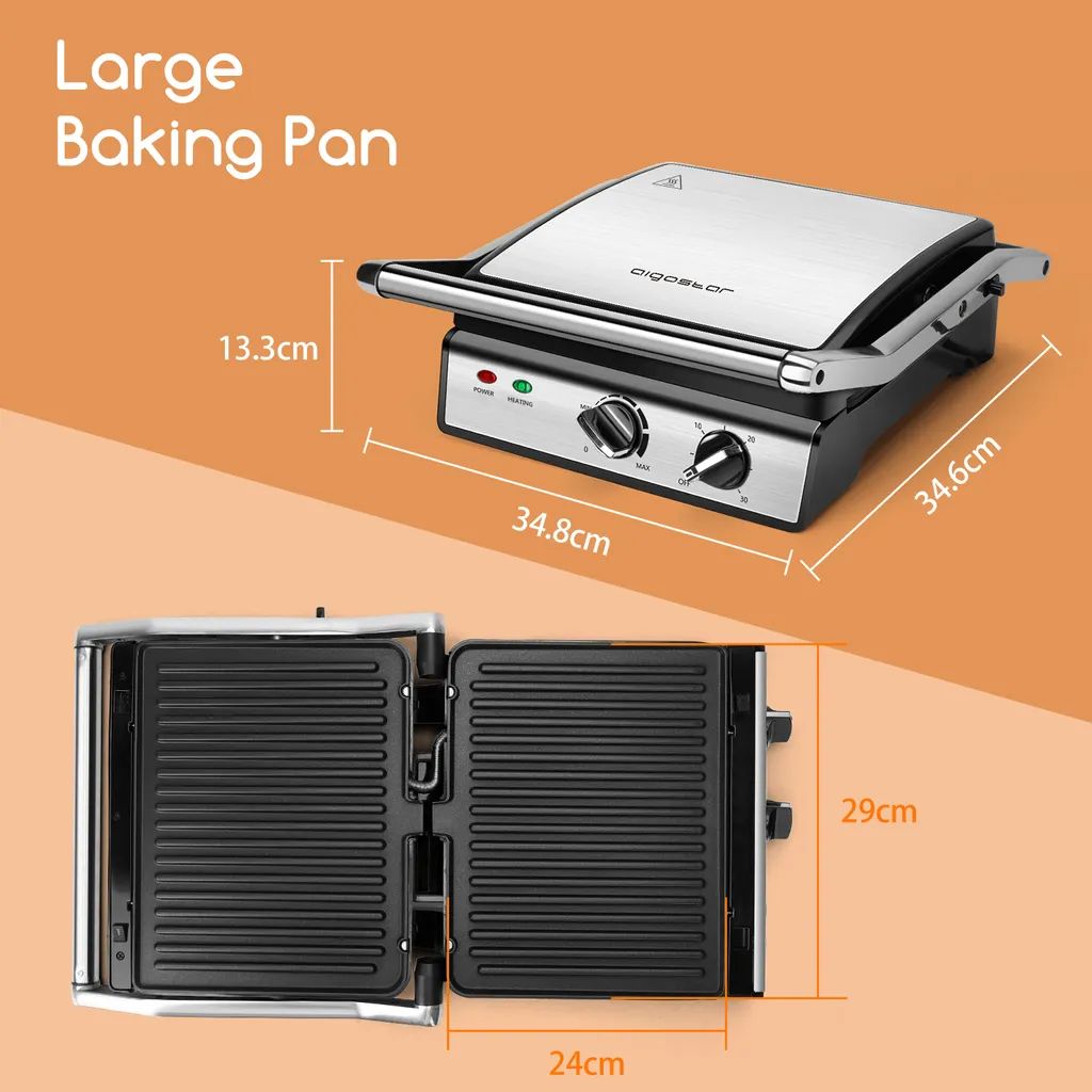 Aigostar Kontaktgrill, Sandwichmaker, 180° Aufklappbar Als Tischgrill, Panini Grill Mit Abnehmbaren Platten, Regelbarer Thermostat &Timer, Antihaftbeschichtet, 2000W 9 Aigostar Kontaktgrill, Sandwichmaker, 180° Aufklappbar Als Tischgrill, Panini Grill Mit Abnehmbaren Platten, Regelbarer Thermostat &Timer, Antihaftbeschichtet, 2000W – Bild 7