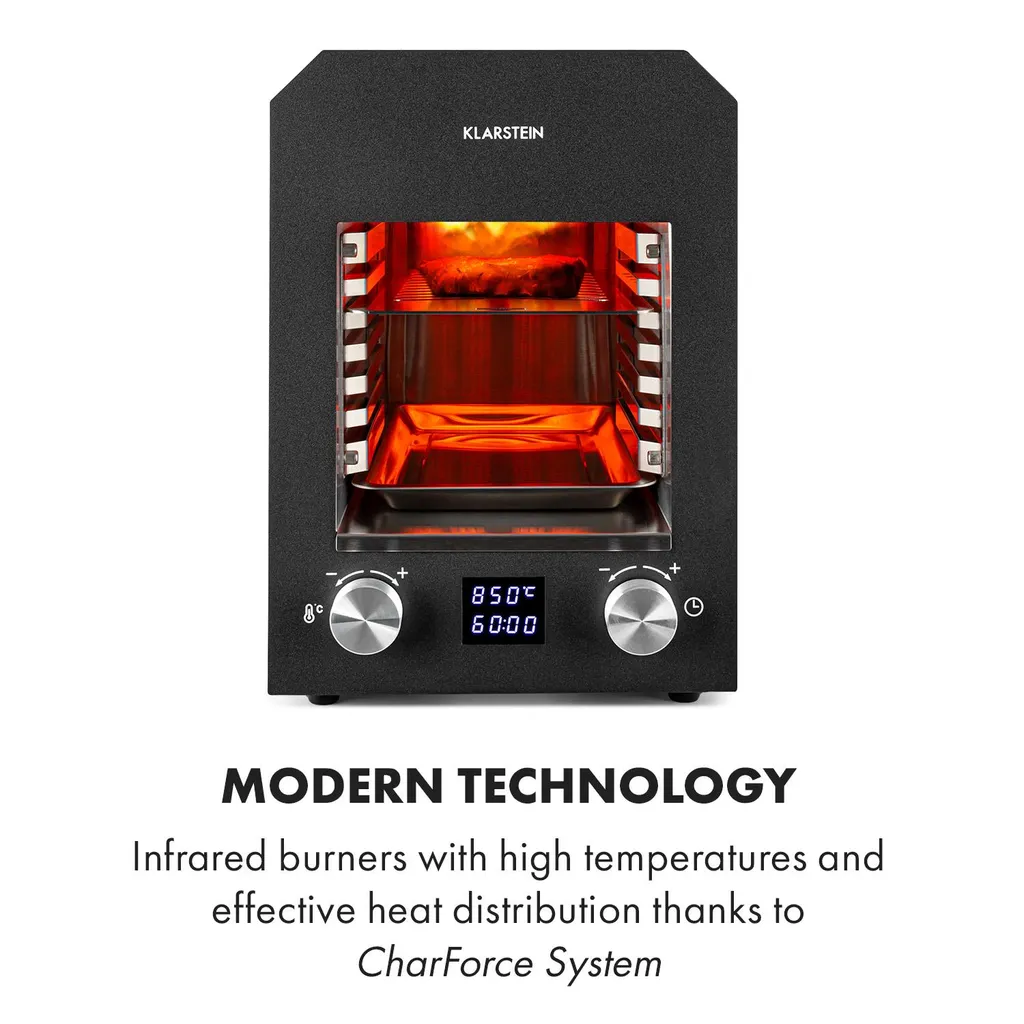 Klarstein Hannibal Hochtemperaturgrill , Indoor-Grillgerät , Leistung: 2.200 Watt , Temperatur: 200- 850 °C , Infrarot-Heizelement , CharForce System , Grillfläche: 18,5 X 30 Cm , LED-Display , Timer: Bis 60 Minuten , Außen- Und Innengehäuse Aus Edelstahl , Schwarz 6 Klarstein Hannibal Hochtemperaturgrill , Indoor-Grillgerät , Leistung: 2.200 Watt , Temperatur: 200- 850 °C , Infrarot-Heizelement , CharForce System , Grillfläche: 18,5 X 30 Cm , LED-Display , Timer: Bis 60 Minuten , Außen- Und Innengehäuse Aus Edelstahl , Schwarz – Bild 4