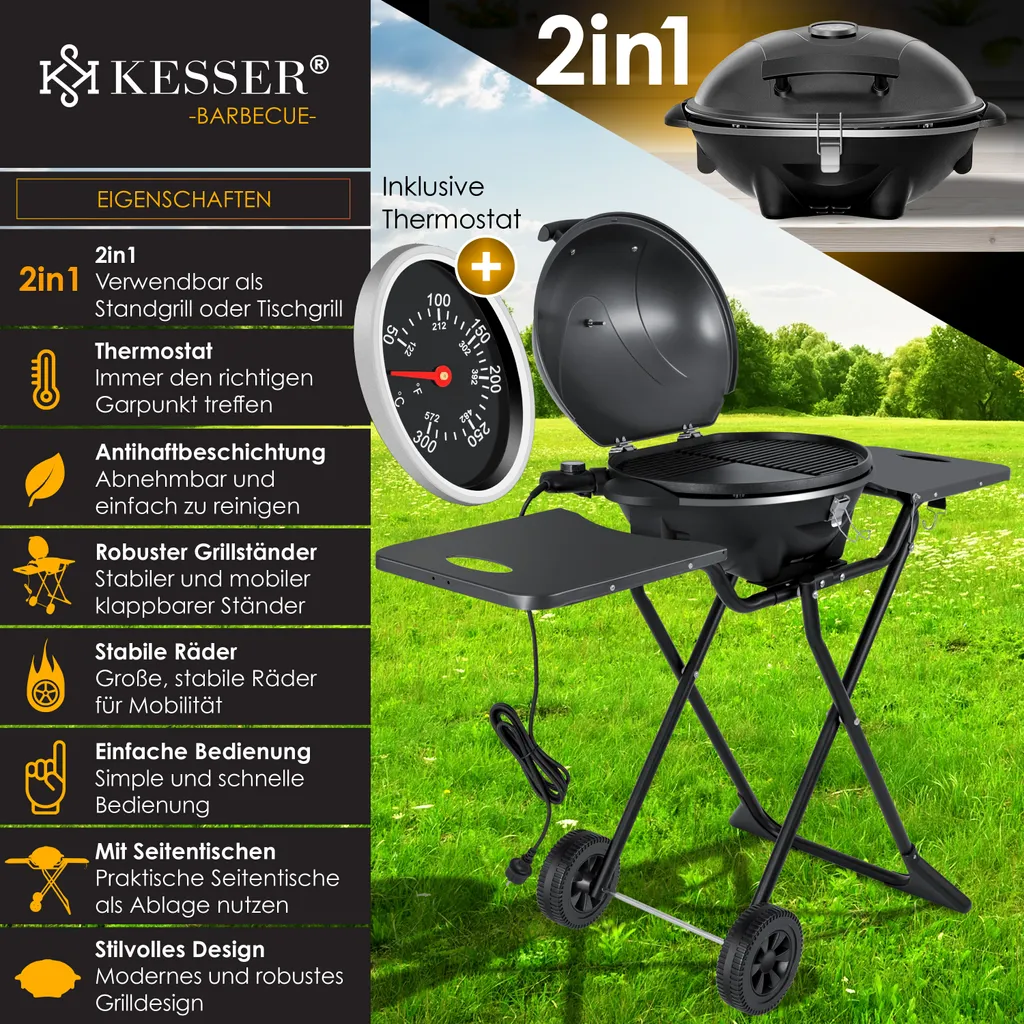 KESSER® Elektrischer Elektrogrill 2in1 Tischgrill - Standgrill Mit Deckel Und Standfuß | Max. 2400 Watt | Faltbar | Thermometer | Antihaftbeschichtung | Grillplatte Abstelltische | 2 Räder | , Farbe:Schwarz 6 KESSER® Elektrischer Elektrogrill 2in1 Tischgrill - Standgrill Mit Deckel Und Standfuß | Max. 2400 Watt | Faltbar | Thermometer | Antihaftbeschichtung | Grillplatte Abstelltische | 2 Räder | , Farbe:Schwarz – Bild 4