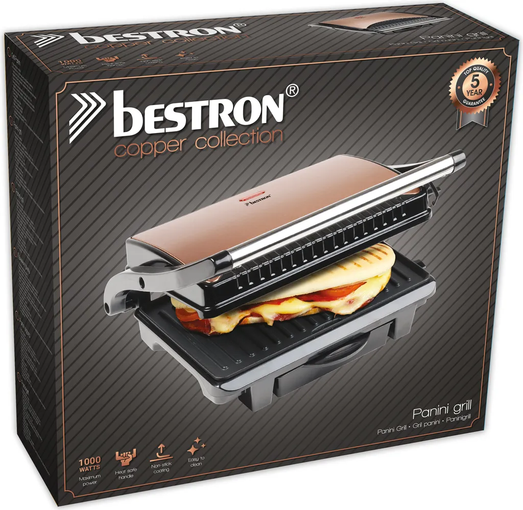 Bestron Elektrischer Kontaktgrill Mit Auffangschale, Sandwichmaker Mit Cool-Touch-Handgriff & Antihaftbeschichtung, Paninimaker Mit 1000 Watt, ASW113CO, Farbe: Kupfer 6 Bestron Elektrischer Kontaktgrill Mit Auffangschale, Sandwichmaker Mit Cool-Touch-Handgriff & Antihaftbeschichtung, Paninimaker Mit 1000 Watt, ASW113CO, Farbe: Kupfer – Bild 4