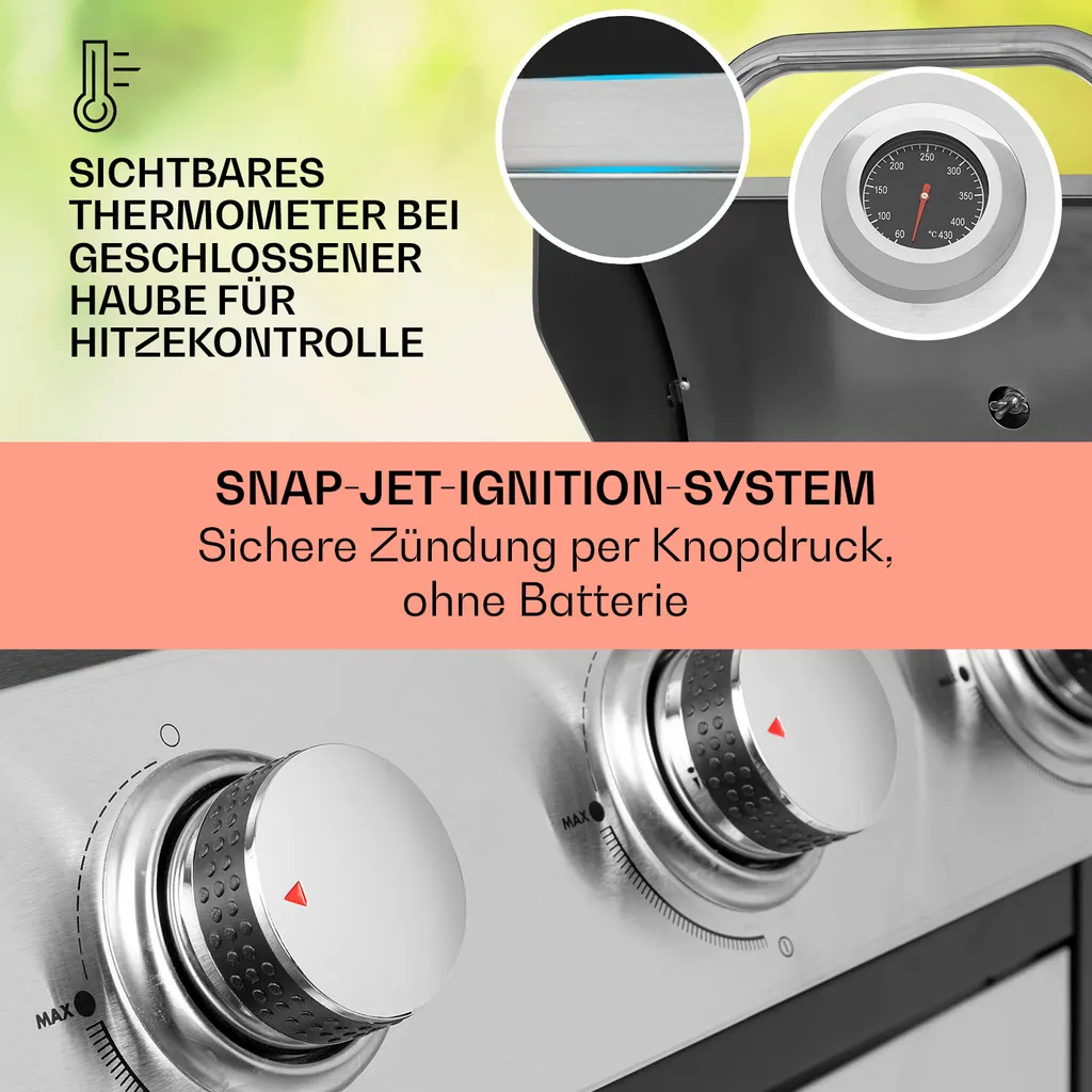 Klarstein Gasgrill Mit Großer Grillfläche, Gasgrill Mit 3 Brenner, 10,8 KW Edelstahl-Gasgrill, BBQ Gasgrill Für Balkon & Garten, Grill Für Propangas, Gasgrills Mit Seitentischen & Thermometer 6 Klarstein Gasgrill Mit Großer Grillfläche, Gasgrill Mit 3 Brenner, 10,8 KW Edelstahl-Gasgrill, BBQ Gasgrill Für Balkon & Garten, Grill Für Propangas, Gasgrills Mit Seitentischen & Thermometer – Bild 4