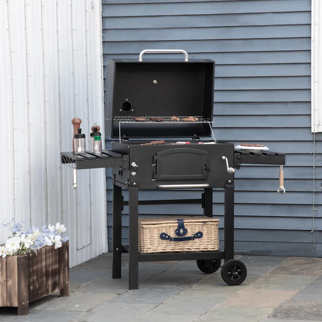 HOMCOM Outsunny Holzkohlegrill BBQ Gartengrill Mit Deckel Und Ablagen Metall Smoker BBQ Warmhalteplatte Regale Gartenparty Transportrollen Schwarz 124 X 66 X 112 Cm 4 HOMCOM Outsunny Holzkohlegrill BBQ Gartengrill Mit Deckel Und Ablagen Metall Smoker BBQ Warmhalteplatte Regale Gartenparty Transportrollen Schwarz 124 X 66 X 112 Cm – Bild 2