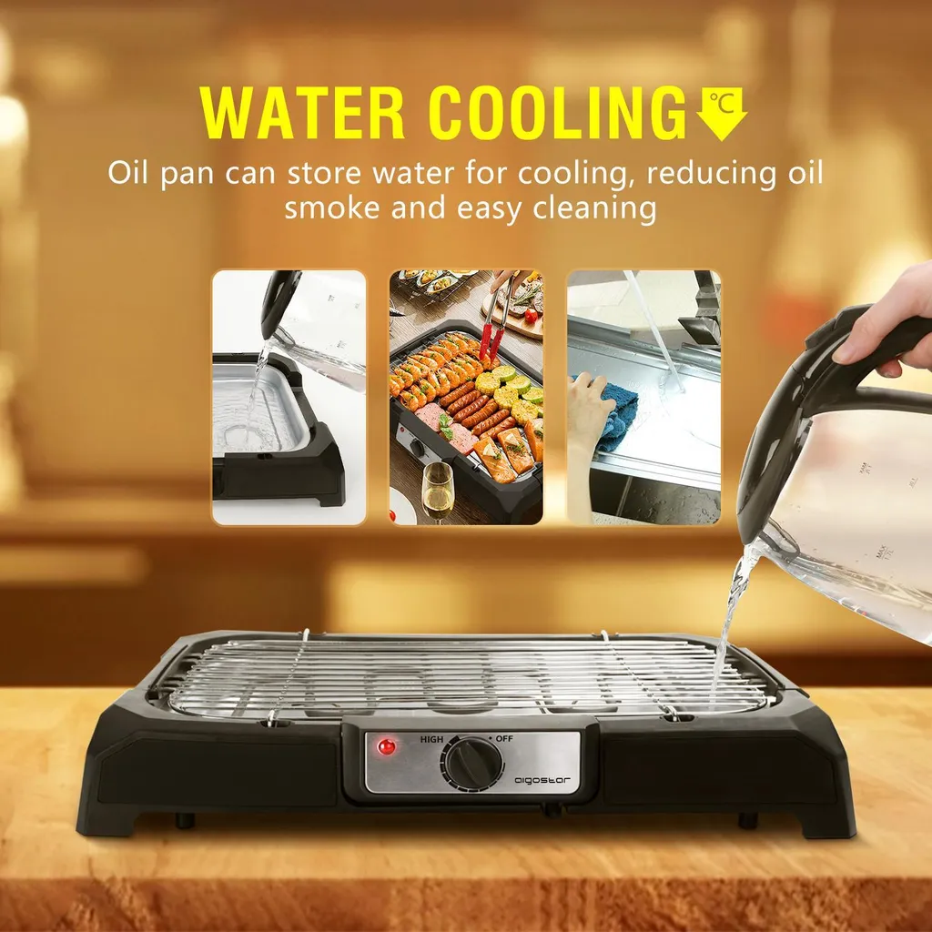 Aigostar Tischgrill Elektrisch, Barbecue Elektrogrill 2000W, 41 X 24 Cm Grillfläche, Smokeless Elektrischer Grill, BBQ Grill Für Balkon Indoor Party, Schwarz 7 Aigostar Tischgrill Elektrisch, Barbecue Elektrogrill 2000W, 41 X 24 Cm Grillfläche, Smokeless Elektrischer Grill, BBQ Grill Für Balkon Indoor Party, Schwarz – Bild 5