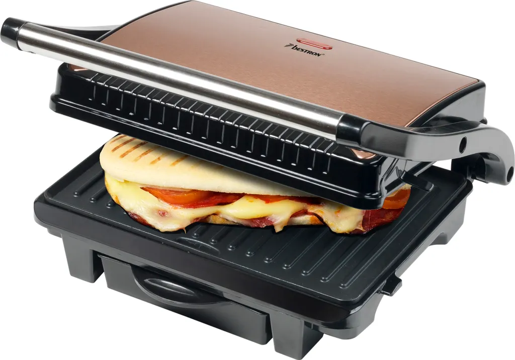 Bestron Elektrischer Kontaktgrill Mit Auffangschale, Sandwichmaker Mit Cool-Touch-Handgriff & Antihaftbeschichtung, Paninimaker Mit 1000 Watt, ASW113CO, Farbe: Kupfer 3 Bestron Elektrischer Kontaktgrill Mit Auffangschale, Sandwichmaker Mit Cool-Touch-Handgriff & Antihaftbeschichtung, Paninimaker Mit 1000 Watt, ASW113CO, Farbe: Kupfer