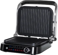 HOMCOM Kontaktgrill 95° Aufklappbar Optigrill Intelligente Zeitkontrolle Multi-Funktionen 2100 W Tischgrill 8 Modi 220-240V/50Hz Alu+Stahl Silber+Schwarz 38 X 33 X 20 Cm