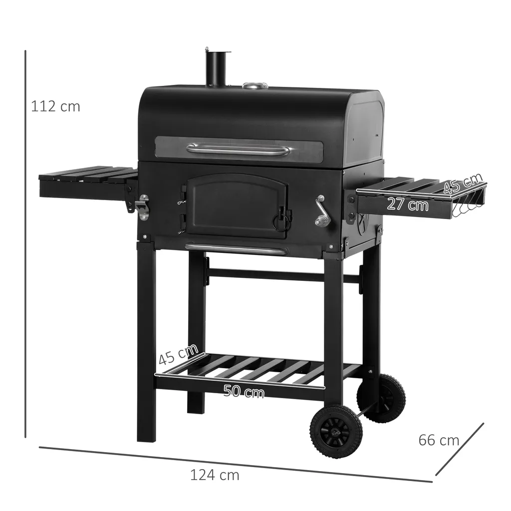 HOMCOM Outsunny Holzkohlegrill BBQ Gartengrill Mit Deckel Und Ablagen Metall Smoker BBQ Warmhalteplatte Regale Gartenparty Transportrollen Schwarz 124 X 66 X 112 Cm 5 HOMCOM Outsunny Holzkohlegrill BBQ Gartengrill Mit Deckel Und Ablagen Metall Smoker BBQ Warmhalteplatte Regale Gartenparty Transportrollen Schwarz 124 X 66 X 112 Cm – Bild 3