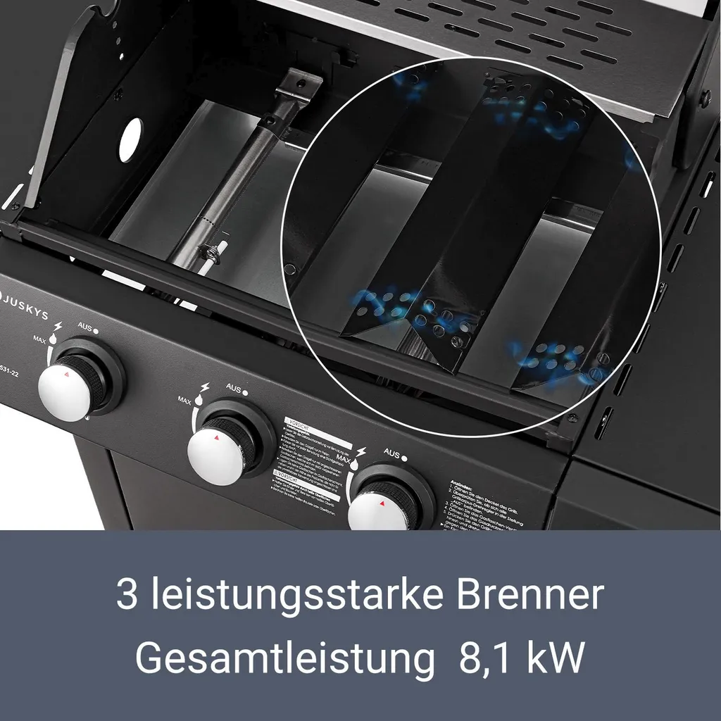 Juskys BBQ Gasgrill Louisiana 8,1 KW Mit 3 Brenner, Grillrost, Deckel Mit Thermometer, Warmhalterost & Seitenablagen – Grillwagen Mit Stahl Korpus 5 Juskys BBQ Gasgrill Louisiana 8,1 KW Mit 3 Brenner, Grillrost, Deckel Mit Thermometer, Warmhalterost & Seitenablagen – Grillwagen Mit Stahl Korpus – Bild 3