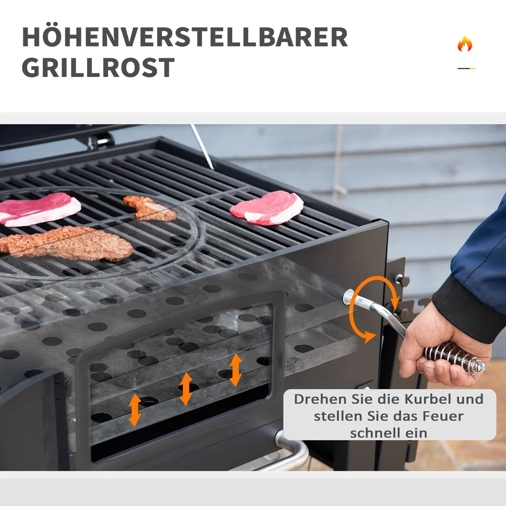 HOMCOM Outsunny Holzkohlegrill BBQ Gartengrill Mit Deckel Und Ablagen Metall Smoker BBQ Warmhalteplatte Regale Gartenparty Transportrollen Schwarz 124 X 66 X 112 Cm 8 HOMCOM Outsunny Holzkohlegrill BBQ Gartengrill Mit Deckel Und Ablagen Metall Smoker BBQ Warmhalteplatte Regale Gartenparty Transportrollen Schwarz 124 X 66 X 112 Cm – Bild 6