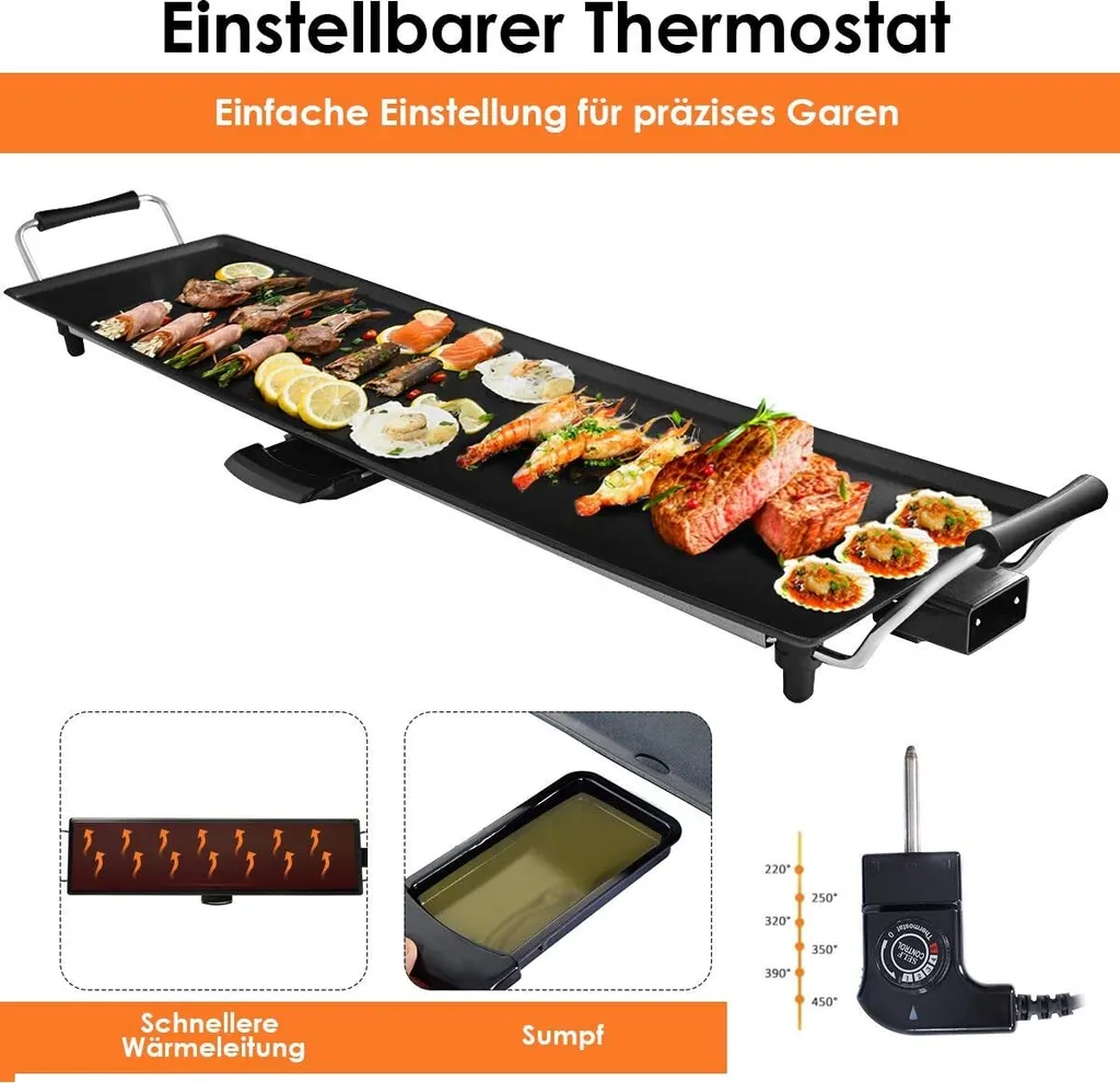 COSTWAY Elektrogrill 90x23cm Elektrische Grillplatte 1800W Mit Antihaftbeschichtung & Verstellbarer Temperatur Indoor BBQ Grill Inkl. 6 Holzspateln Teppanyaki-Grill 8 COSTWAY Elektrogrill 90x23cm Elektrische Grillplatte 1800W Mit Antihaftbeschichtung & Verstellbarer Temperatur Indoor BBQ Grill Inkl. 6 Holzspateln Teppanyaki-Grill – Bild 6