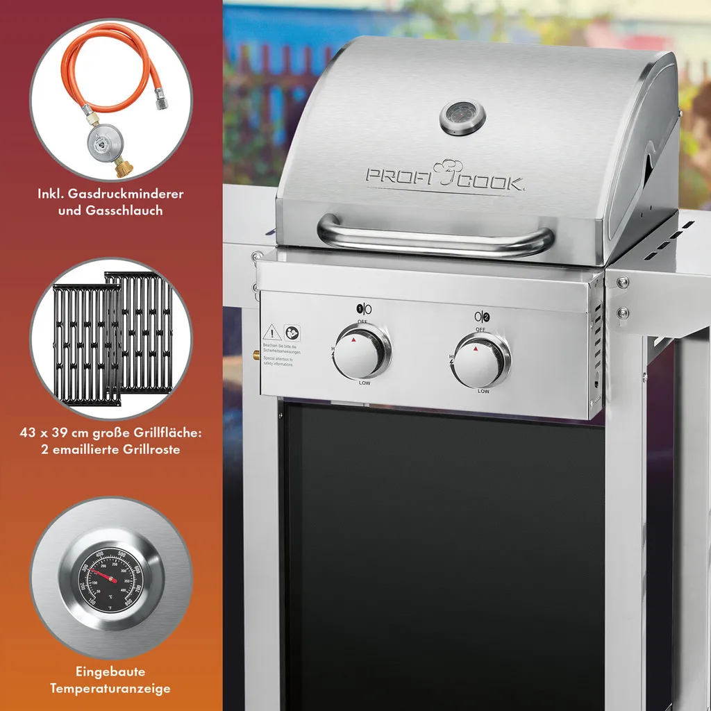ProfiCook Gasgrill, Mit Klappbaren Seitentischen, 2 Edelstahlbrenner, Stufenlose Temperatursteuerung, Inkl. Temperaturanzeige, Balkon-Grill, Grillfläche: 43 X 39 Cm, PC-GG 1255 4 ProfiCook Gasgrill, Mit Klappbaren Seitentischen, 2 Edelstahlbrenner, Stufenlose Temperatursteuerung, Inkl. Temperaturanzeige, Balkon-Grill, Grillfläche: 43 X 39 Cm, PC-GG 1255 – Bild 2