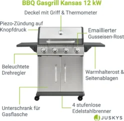 Juskys Gasgrill Kansas Mit 4 Brenner 12 KW, BBQ Grill Mit Gusseisen-Grillrost, Warmhalterost & Thermometer, XL Grillwagen 2 Seitenablagen & 4 Räder -Tepro Verkäufe 2024 512718e5cff95adc0924ddb2f3d40a5d