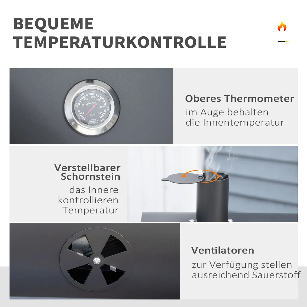 HOMCOM Outsunny Holzkohlegrill BBQ Gartengrill Mit Deckel Und Ablagen Metall Smoker BBQ Warmhalteplatte Regale Gartenparty Transportrollen Schwarz 124 X 66 X 112 Cm 7 HOMCOM Outsunny Holzkohlegrill BBQ Gartengrill Mit Deckel Und Ablagen Metall Smoker BBQ Warmhalteplatte Regale Gartenparty Transportrollen Schwarz 124 X 66 X 112 Cm – Bild 5
