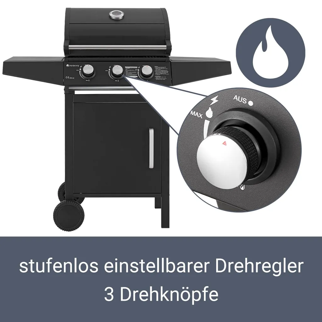 Juskys BBQ Gasgrill Louisiana 8,1 KW Mit 3 Brenner, Grillrost, Deckel Mit Thermometer, Warmhalterost & Seitenablagen – Grillwagen Mit Stahl Korpus 6 Juskys BBQ Gasgrill Louisiana 8,1 KW Mit 3 Brenner, Grillrost, Deckel Mit Thermometer, Warmhalterost & Seitenablagen – Grillwagen Mit Stahl Korpus – Bild 4