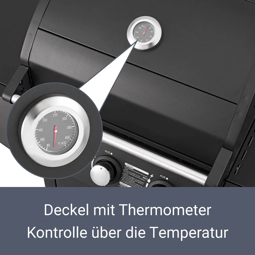 Juskys BBQ Gasgrill Louisiana 8,1 KW Mit 3 Brenner, Grillrost, Deckel Mit Thermometer, Warmhalterost & Seitenablagen – Grillwagen Mit Stahl Korpus 9 Juskys BBQ Gasgrill Louisiana 8,1 KW Mit 3 Brenner, Grillrost, Deckel Mit Thermometer, Warmhalterost & Seitenablagen – Grillwagen Mit Stahl Korpus – Bild 7