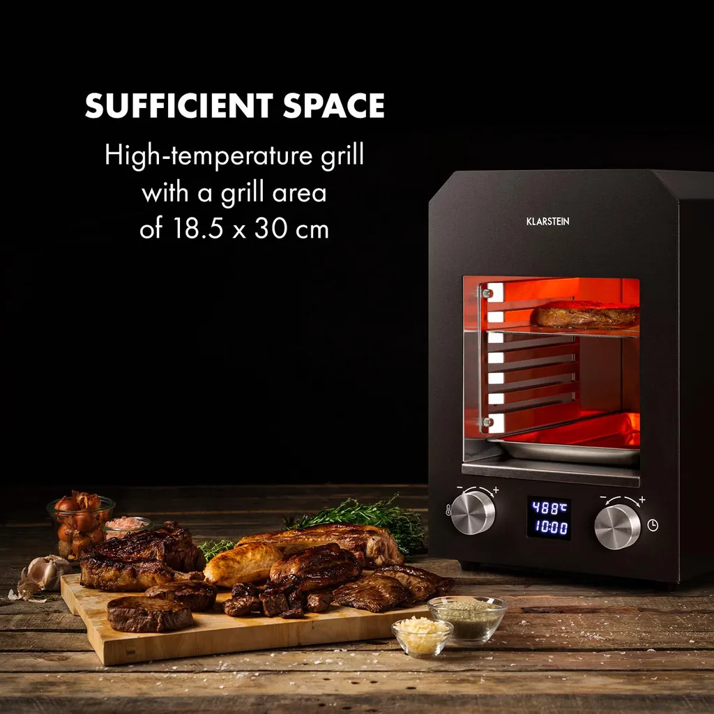 Klarstein Hannibal Hochtemperaturgrill , Indoor-Grillgerät , Leistung: 2.200 Watt , Temperatur: 200- 850 °C , Infrarot-Heizelement , CharForce System , Grillfläche: 18,5 X 30 Cm , LED-Display , Timer: Bis 60 Minuten , Außen- Und Innengehäuse Aus Edelstahl , Schwarz 4 Klarstein Hannibal Hochtemperaturgrill , Indoor-Grillgerät , Leistung: 2.200 Watt , Temperatur: 200- 850 °C , Infrarot-Heizelement , CharForce System , Grillfläche: 18,5 X 30 Cm , LED-Display , Timer: Bis 60 Minuten , Außen- Und Innengehäuse Aus Edelstahl , Schwarz – Bild 2