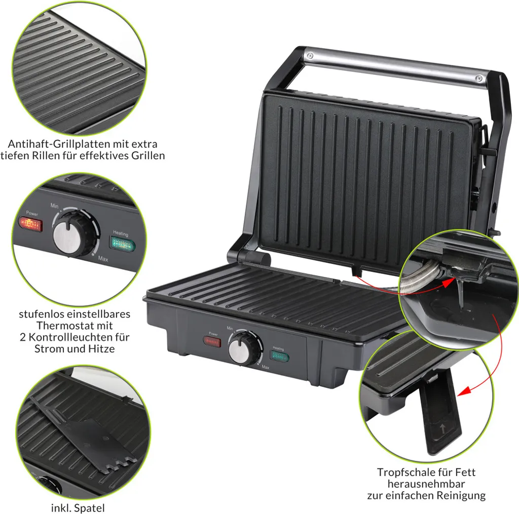 Monzana Kontaktgrill XL 180°C Klappbar Antihaftbeschichtung Edelstahl Temperaturkontrolle 1600W Tischgrill Sandwich Maker 6 Monzana Kontaktgrill XL 180°C Klappbar Antihaftbeschichtung Edelstahl Temperaturkontrolle 1600W Tischgrill Sandwich Maker – Bild 4