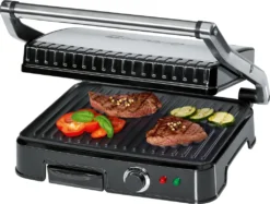 Clatronic KG 3487 Kontaktgrill Für Beidseitiges, Fettfreies Grillen, Antihaftbeschichtete Grillplatten, Edelstahlgehäuse, Silber