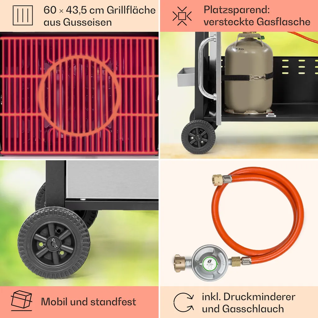 Klarstein Gasgrill Mit Großer Grillfläche, Gasgrill Mit 3 Brenner, 10,8 KW Edelstahl-Gasgrill, BBQ Gasgrill Für Balkon & Garten, Grill Für Propangas, Gasgrills Mit Seitentischen & Thermometer 7 Klarstein Gasgrill Mit Großer Grillfläche, Gasgrill Mit 3 Brenner, 10,8 KW Edelstahl-Gasgrill, BBQ Gasgrill Für Balkon & Garten, Grill Für Propangas, Gasgrills Mit Seitentischen & Thermometer – Bild 5