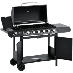 Outsunny Gasgrill BBQ Grillwagen Mit 6 Brennern 1 Seitenbrenner Schrank Multifunktion Metall Schwarz 135 X 50 X 100 Cm