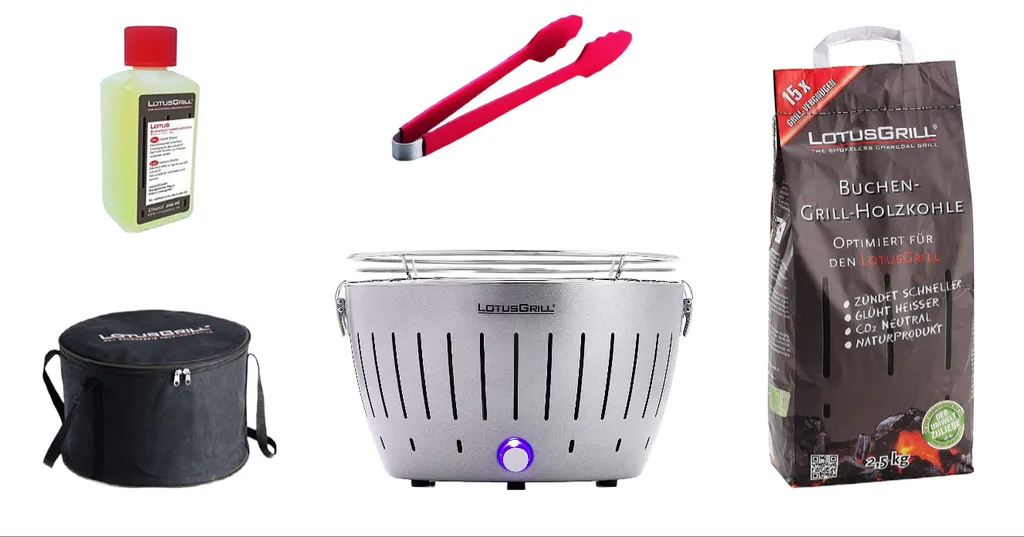 LotusGrill Starter-Set Classic 1x Grill Silber Metallic Mit USB-Anschluß, 1x Buchenholzkohle 2,5kg, 1x Brennpaste 200ml, 1x Würstchenzange (Farbe Nach Vorrat), 1x Transport-Tragetasche 3 LotusGrill Starter-Set Classic 1x Grill Silber Metallic Mit USB-Anschluß, 1x Buchenholzkohle 2,5kg, 1x Brennpaste 200ml, 1x Würstchenzange (Farbe Nach Vorrat), 1x Transport-Tragetasche