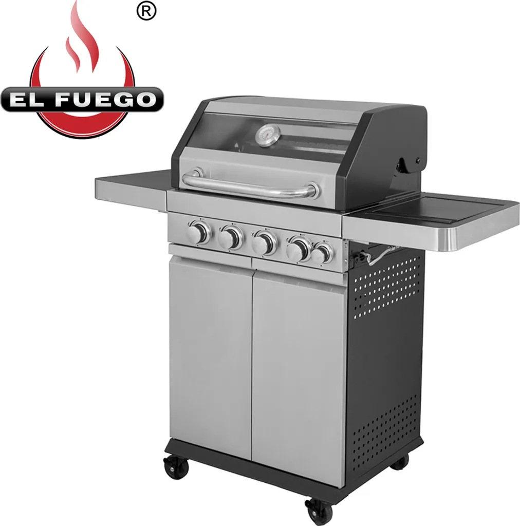 El Fuego Edelstahl Gasgrill Sunset Beach 4+1 Brenner, Grillrost U Grillplatte Gusseisern, Linkes Seitenteil Abklappbar 18 El Fuego Edelstahl Gasgrill Sunset Beach 4+1 Brenner, Grillrost U Grillplatte Gusseisern, Linkes Seitenteil Abklappbar – Bild 16