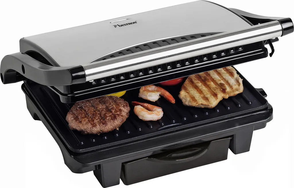 Bestron Elektrischer Kontaktgrill Mit Auffangschale, Sandwichmaker Mit Cool-Touch-Handgriff & Antihaftbeschichtung, Paninimaker Mit 1000 Watt, ASW113S, Farbe: Silber / Schwarz 3 Bestron Elektrischer Kontaktgrill Mit Auffangschale, Sandwichmaker Mit Cool-Touch-Handgriff & Antihaftbeschichtung, Paninimaker Mit 1000 Watt, ASW113S, Farbe: Silber / Schwarz