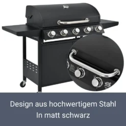 Juskys BBQ Gasgrill Dakota – Grillwagen Mit 5 Brenner 18 KW - Barbecue Grill Inkl. Deckel, Warmhalterost, Seitenablagen, Thermometer & Abdeckplane -Tepro Verkäufe 2024 80409d976873fcd1ca219e93736ce93f