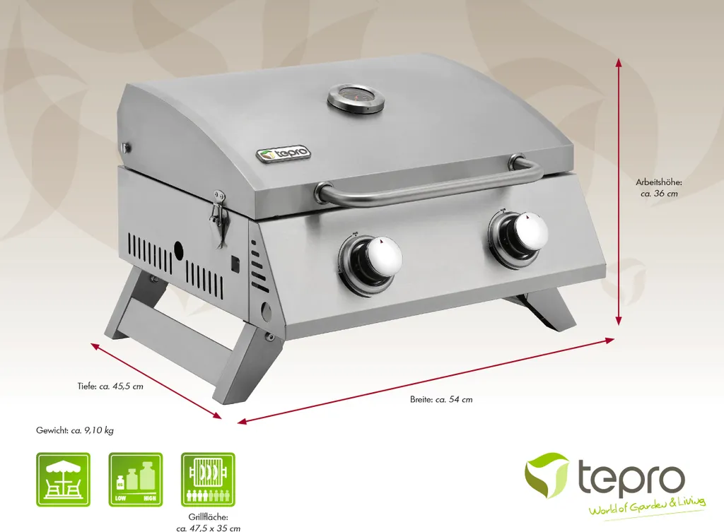 Tepro Tischgasgrill Chicago, 2-Brenner, Grillfläche: 47,5 X 35 Cm 14 Tepro Tischgasgrill Chicago, 2-Brenner, Grillfläche: 47,5 X 35 Cm – Bild 12