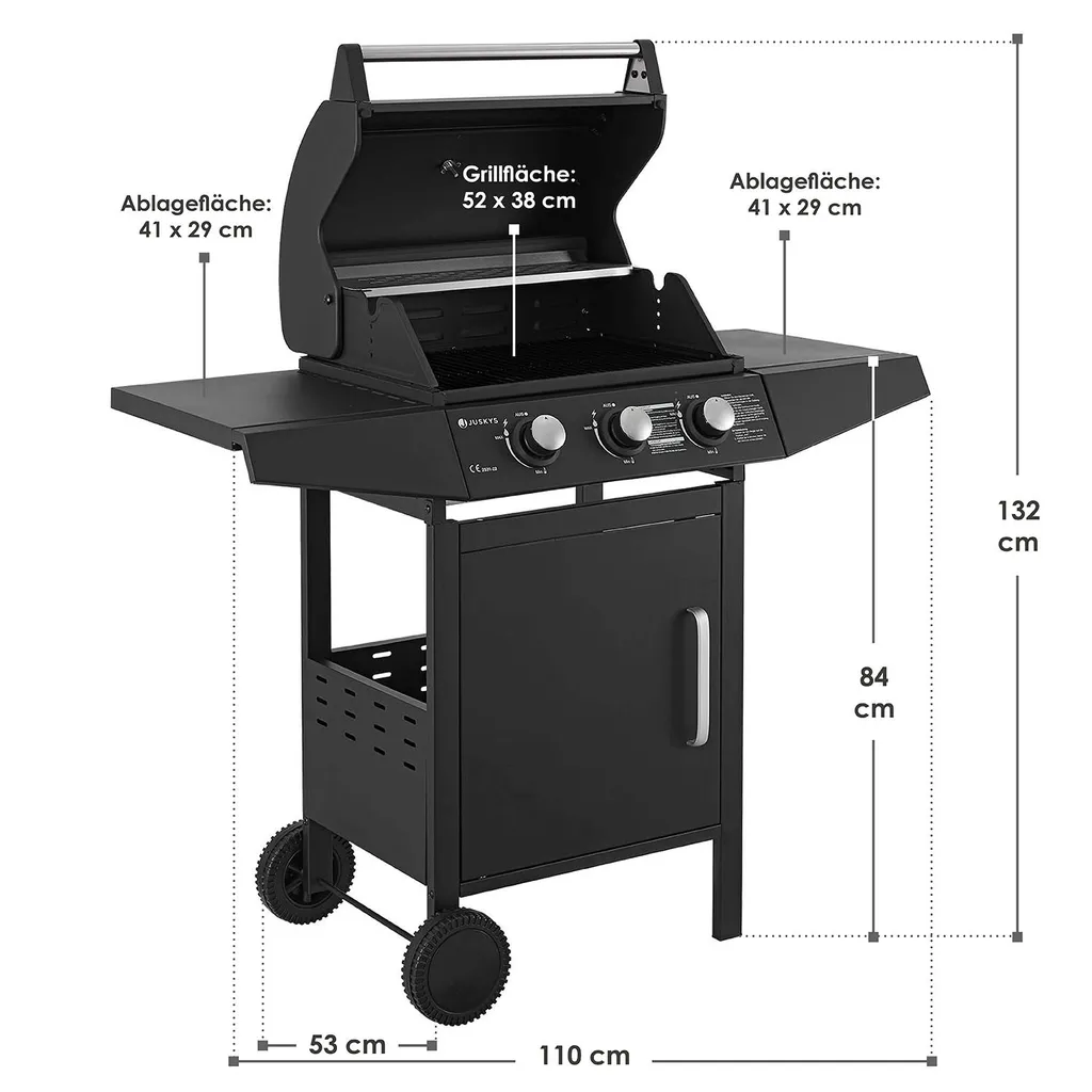 Juskys BBQ Gasgrill Louisiana 8,1 KW Mit 3 Brenner, Grillrost, Deckel Mit Thermometer, Warmhalterost & Seitenablagen – Grillwagen Mit Stahl Korpus 22 Juskys BBQ Gasgrill Louisiana 8,1 KW Mit 3 Brenner, Grillrost, Deckel Mit Thermometer, Warmhalterost & Seitenablagen – Grillwagen Mit Stahl Korpus – Bild 20