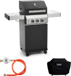 TAINO BLACK 2+1 Gasgrill-Set Haube Regler Gasgrill Mit Seitenbrenner Gusseisen-Rost Gasgrill 2 Brenner Standgrill Matt Schwarz