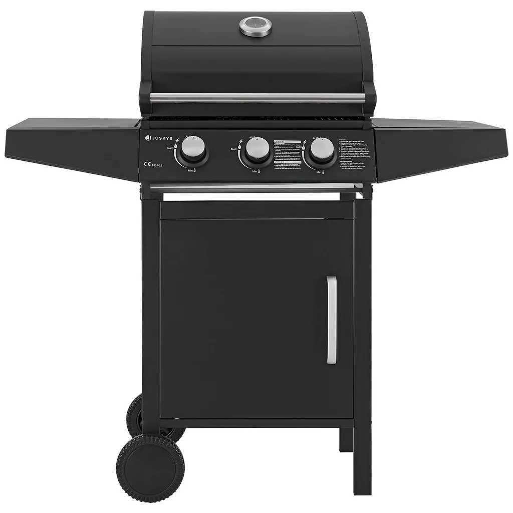 Juskys BBQ Gasgrill Louisiana 8,1 KW Mit 3 Brenner, Grillrost, Deckel Mit Thermometer, Warmhalterost & Seitenablagen – Grillwagen Mit Stahl Korpus 13 Juskys BBQ Gasgrill Louisiana 8,1 KW Mit 3 Brenner, Grillrost, Deckel Mit Thermometer, Warmhalterost & Seitenablagen – Grillwagen Mit Stahl Korpus – Bild 11