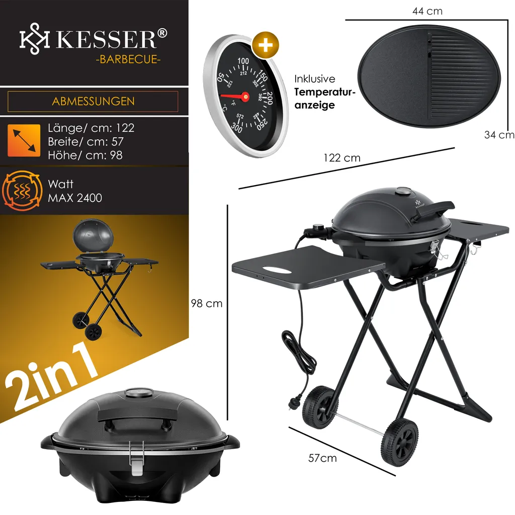 KESSER® Elektrischer Elektrogrill 2in1 Tischgrill - Standgrill Mit Deckel Und Standfuß | Max. 2400 Watt | Faltbar | Thermometer | Antihaftbeschichtung | Grillplatte Abstelltische | 2 Räder | , Farbe:Schwarz 10 KESSER® Elektrischer Elektrogrill 2in1 Tischgrill - Standgrill Mit Deckel Und Standfuß | Max. 2400 Watt | Faltbar | Thermometer | Antihaftbeschichtung | Grillplatte Abstelltische | 2 Räder | , Farbe:Schwarz – Bild 8