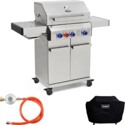 TAINO PLATINUM 3+1 Gasgrill Komplett Edelstahl 3-Brenner Silber Grillwagen BBQ Griller Piezozündung Seitenkocher Gusseisen-Roste Im Set Mit Zubehör
