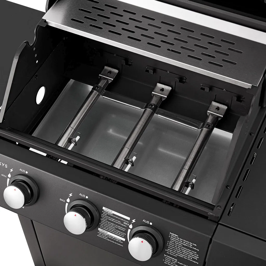 Juskys BBQ Gasgrill Louisiana 8,1 KW Mit 3 Brenner, Grillrost, Deckel Mit Thermometer, Warmhalterost & Seitenablagen – Grillwagen Mit Stahl Korpus 21 Juskys BBQ Gasgrill Louisiana 8,1 KW Mit 3 Brenner, Grillrost, Deckel Mit Thermometer, Warmhalterost & Seitenablagen – Grillwagen Mit Stahl Korpus – Bild 19