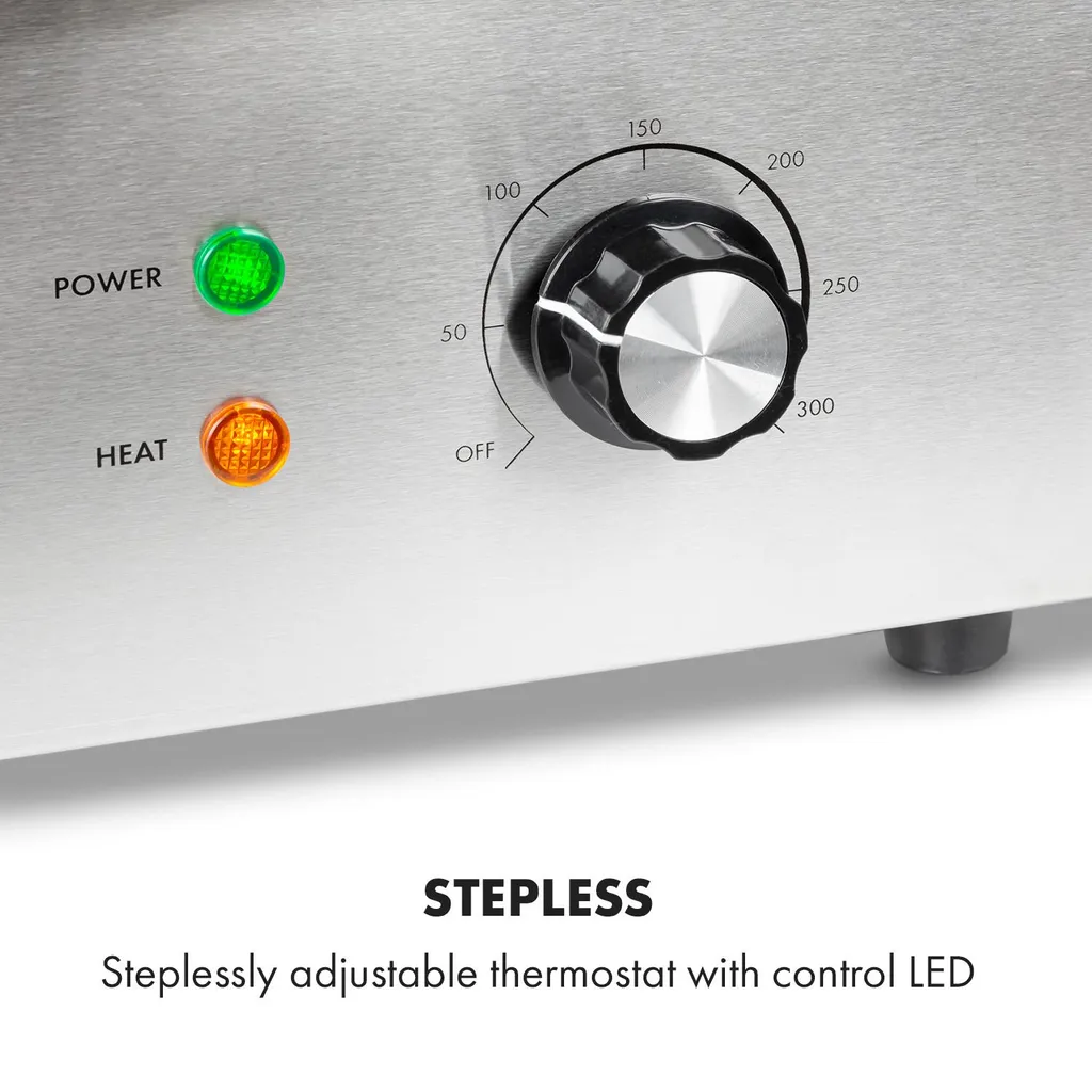 Klarstein Grillmeile 3000R Pro Gusseisen Grillplatte Elektrisch, Grillfläche: 54,5 X 35 Cm (geriffelt), Stufenlos 50-300 °C, 3000 Watt, Profi Elektrogrill Mit Spritzschutz, Edelstahl 5 Klarstein Grillmeile 3000R Pro Gusseisen Grillplatte Elektrisch, Grillfläche: 54,5 X 35 Cm (geriffelt), Stufenlos 50-300 °C, 3000 Watt, Profi Elektrogrill Mit Spritzschutz, Edelstahl – Bild 3