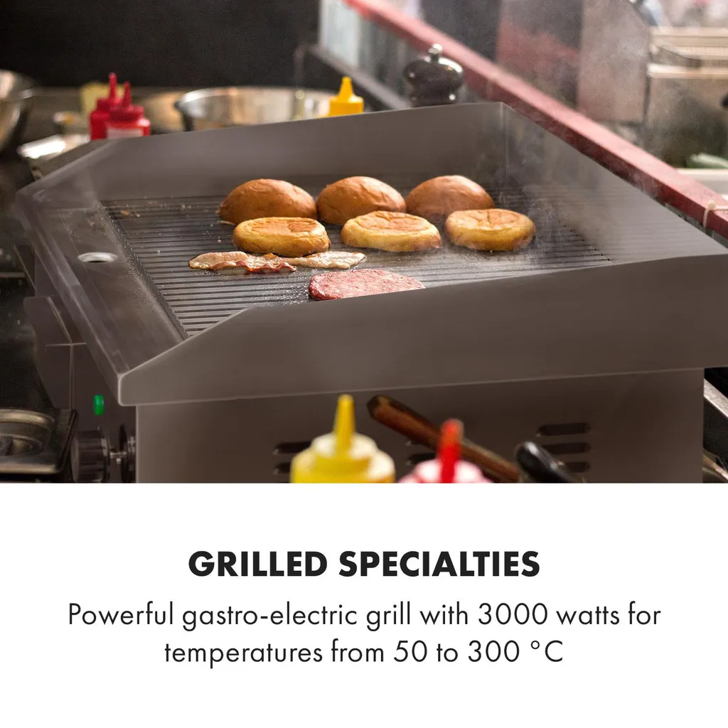 Klarstein Grillmeile 3000R Pro Gusseisen Grillplatte Elektrisch, Grillfläche: 54,5 X 35 Cm (geriffelt), Stufenlos 50-300 °C, 3000 Watt, Profi Elektrogrill Mit Spritzschutz, Edelstahl 4 Klarstein Grillmeile 3000R Pro Gusseisen Grillplatte Elektrisch, Grillfläche: 54,5 X 35 Cm (geriffelt), Stufenlos 50-300 °C, 3000 Watt, Profi Elektrogrill Mit Spritzschutz, Edelstahl – Bild 2