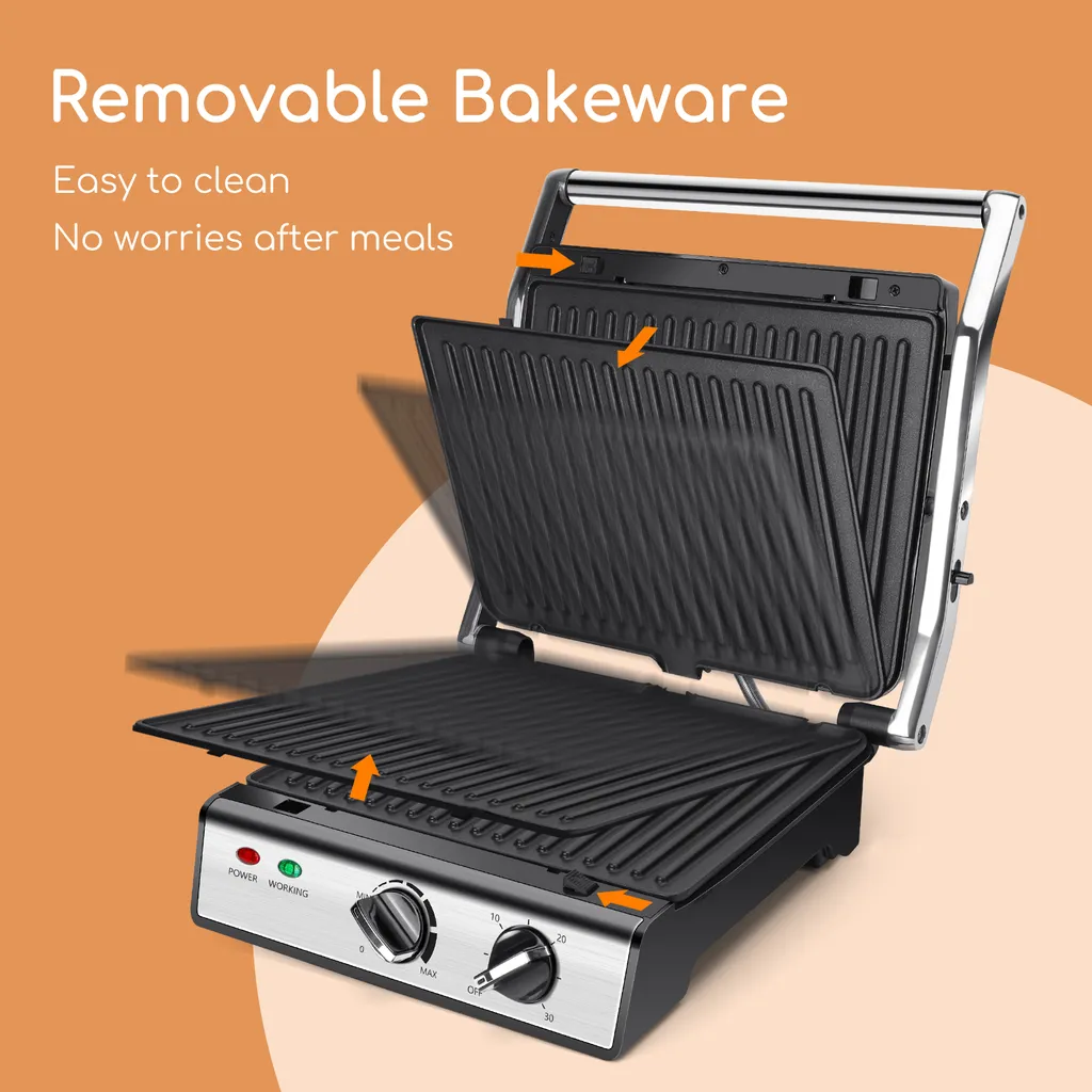 Aigostar Kontaktgrill, Sandwichmaker, 180° Aufklappbar Als Tischgrill, Panini Grill Mit Abnehmbaren Platten, Regelbarer Thermostat &Timer, Antihaftbeschichtet, 2000W 5 Aigostar Kontaktgrill, Sandwichmaker, 180° Aufklappbar Als Tischgrill, Panini Grill Mit Abnehmbaren Platten, Regelbarer Thermostat &Timer, Antihaftbeschichtet, 2000W – Bild 3