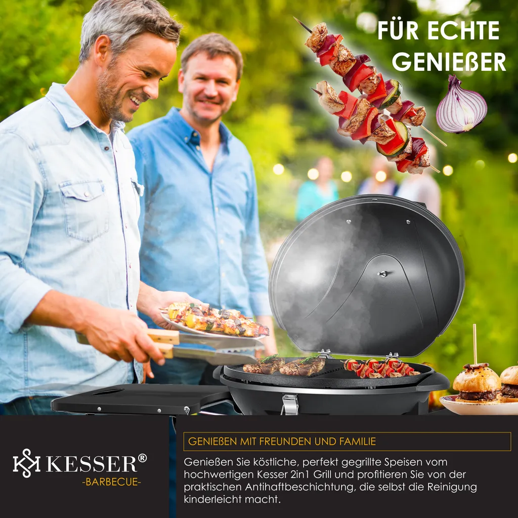 KESSER® Elektrischer Elektrogrill 2in1 Tischgrill - Standgrill Mit Deckel Und Standfuß | Max. 2400 Watt | Faltbar | Thermometer | Antihaftbeschichtung | Grillplatte Abstelltische | 2 Räder | , Farbe:Schwarz 7 KESSER® Elektrischer Elektrogrill 2in1 Tischgrill - Standgrill Mit Deckel Und Standfuß | Max. 2400 Watt | Faltbar | Thermometer | Antihaftbeschichtung | Grillplatte Abstelltische | 2 Räder | , Farbe:Schwarz – Bild 5